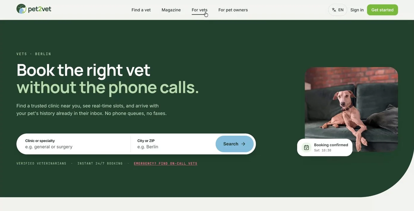 The Pet2Vet For Vets page