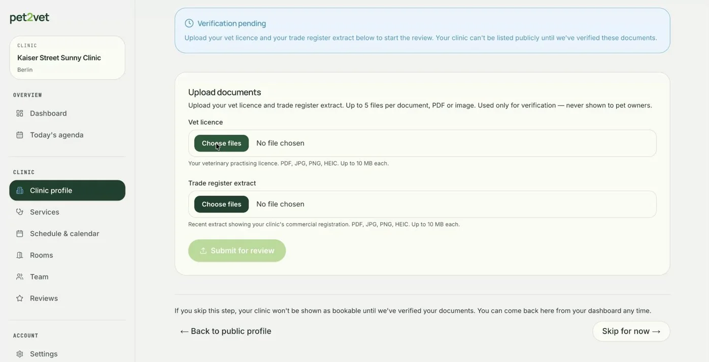 Uploading your veterinary license and trade register extract