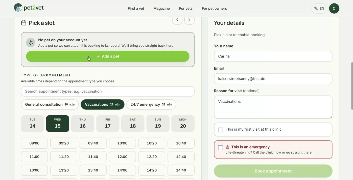 A pet owner adding a pet before booking
