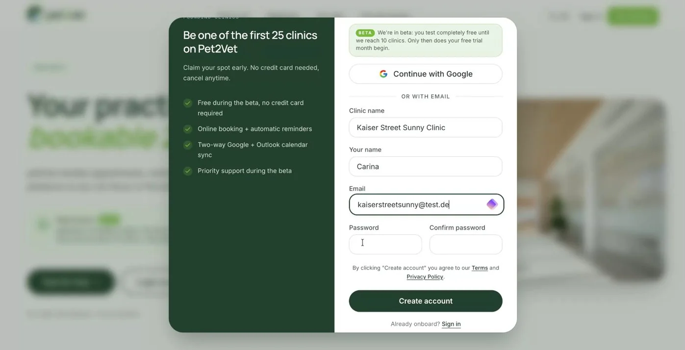 The password requirements shown during sign-up