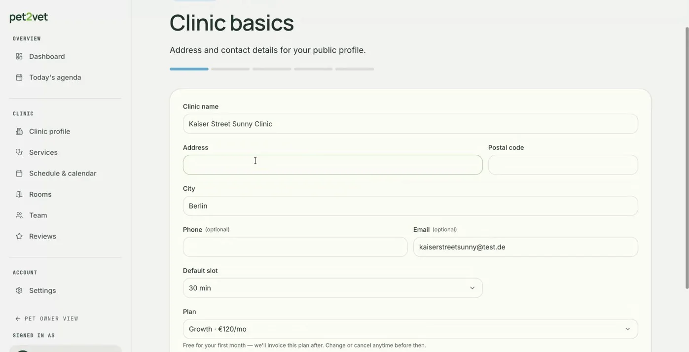 The clinic onboarding flow with clinic details