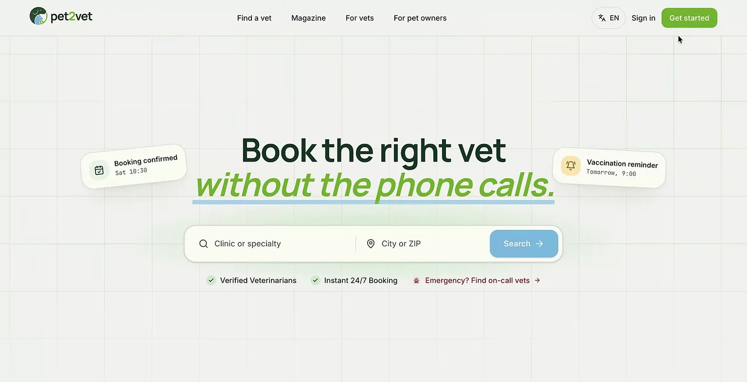 The Pet2Vet get started screen