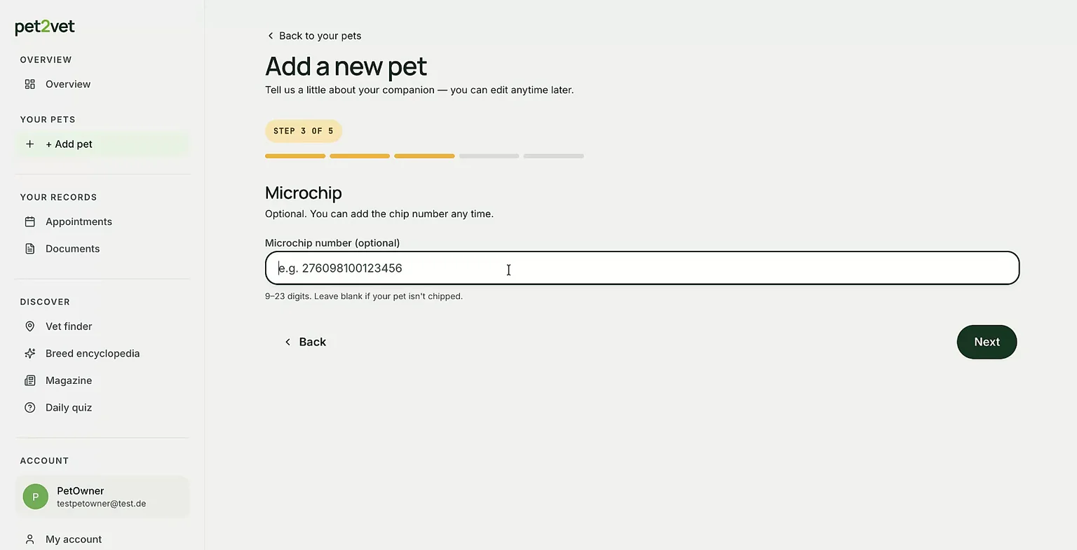 The microchip number field filled in