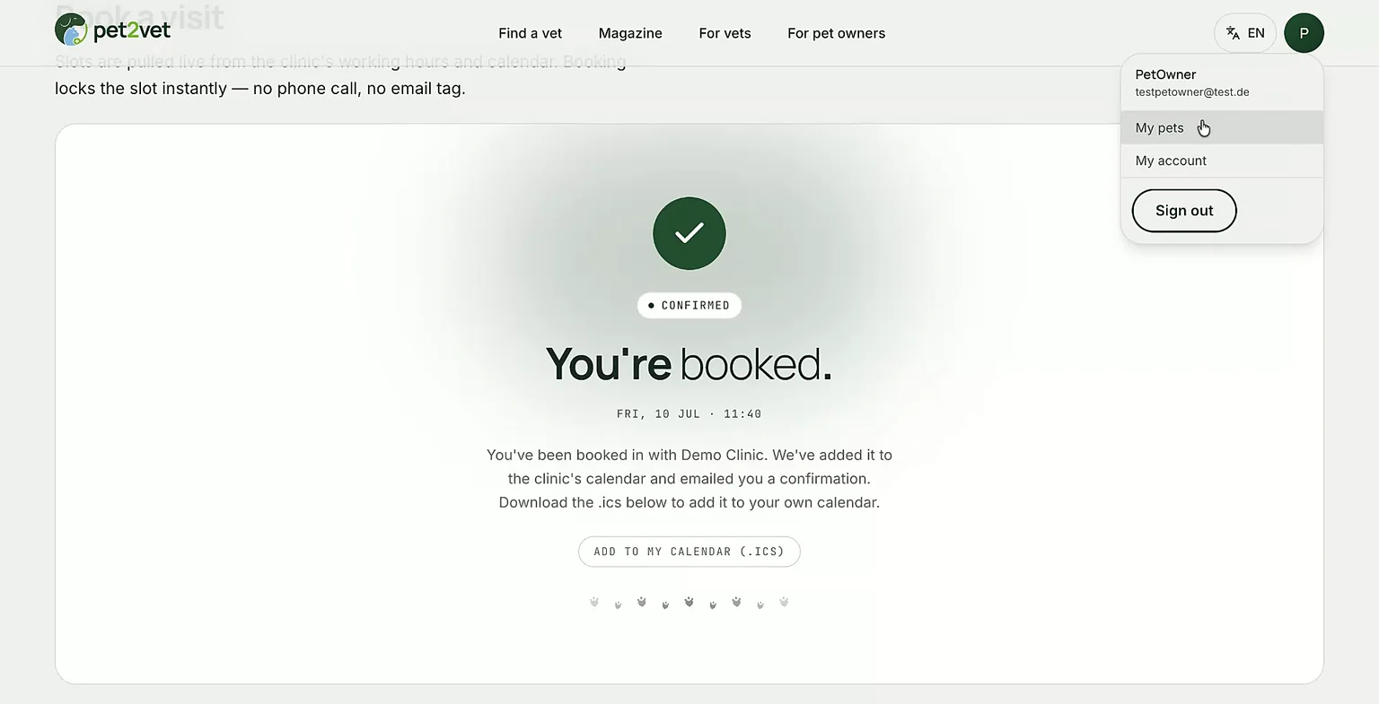 Your pet in your collection on the dashboard