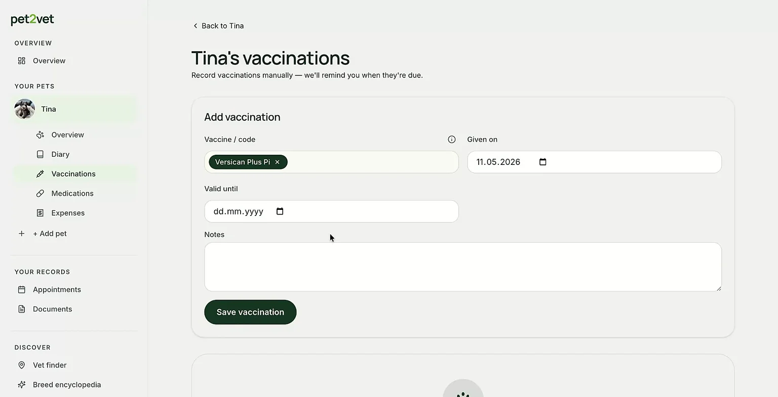 Adding a vaccination record