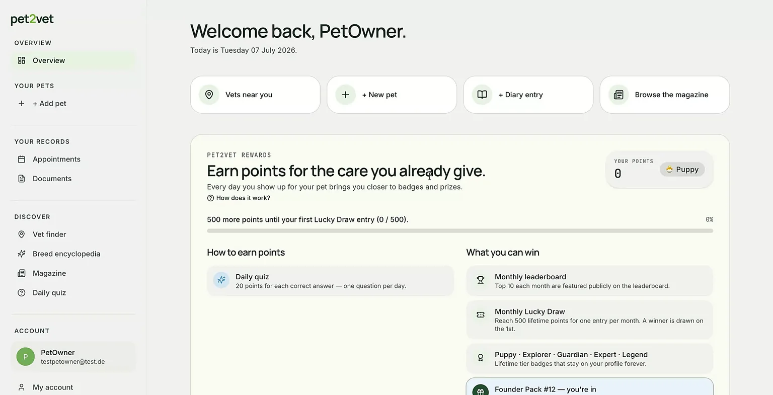 The dashboard with the add a new pet option