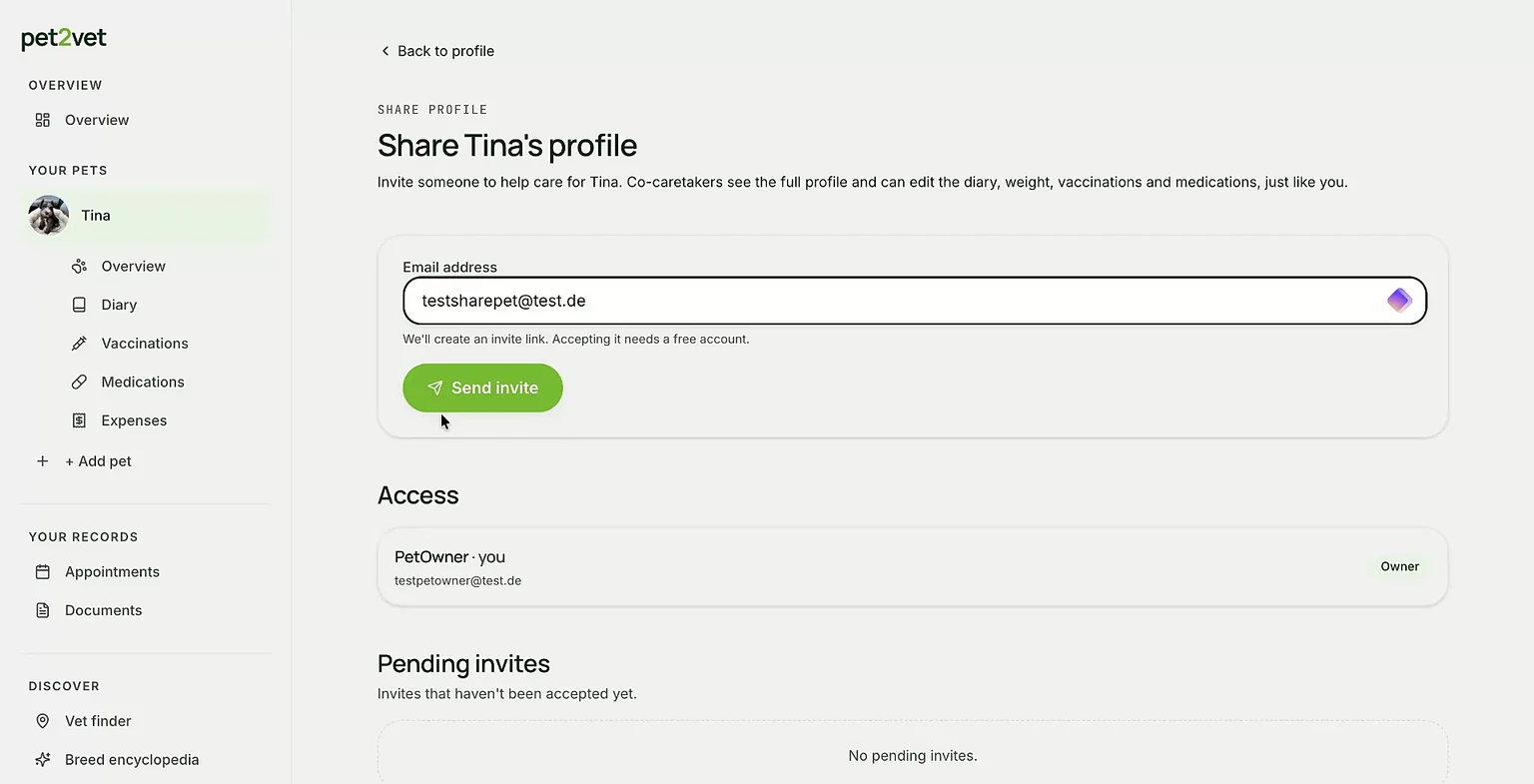 The share profile screen with the email field and send invite button