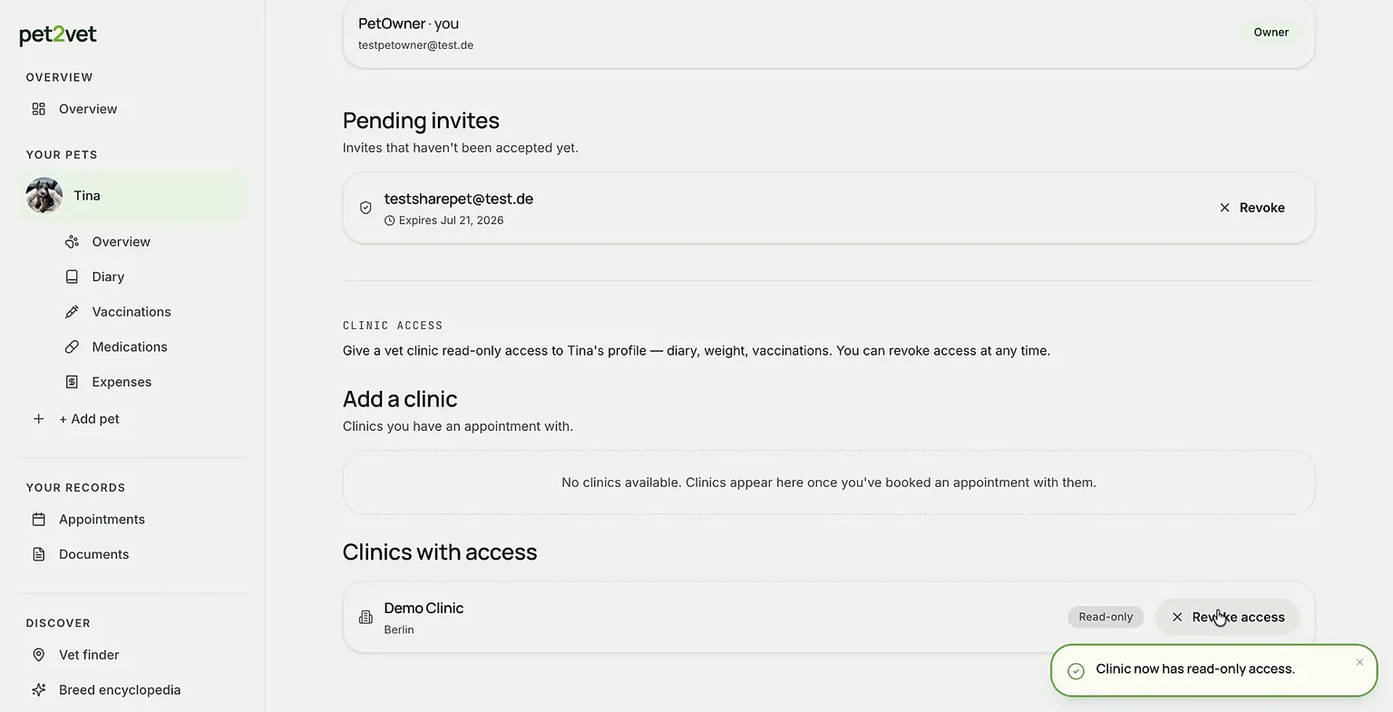 Giving a clinic read-only access to your pet's profile