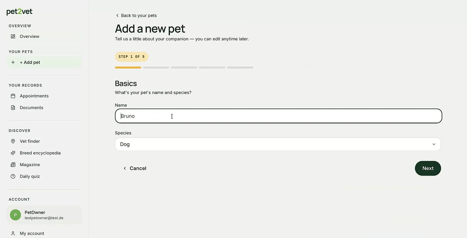 Choosing the type of pet
