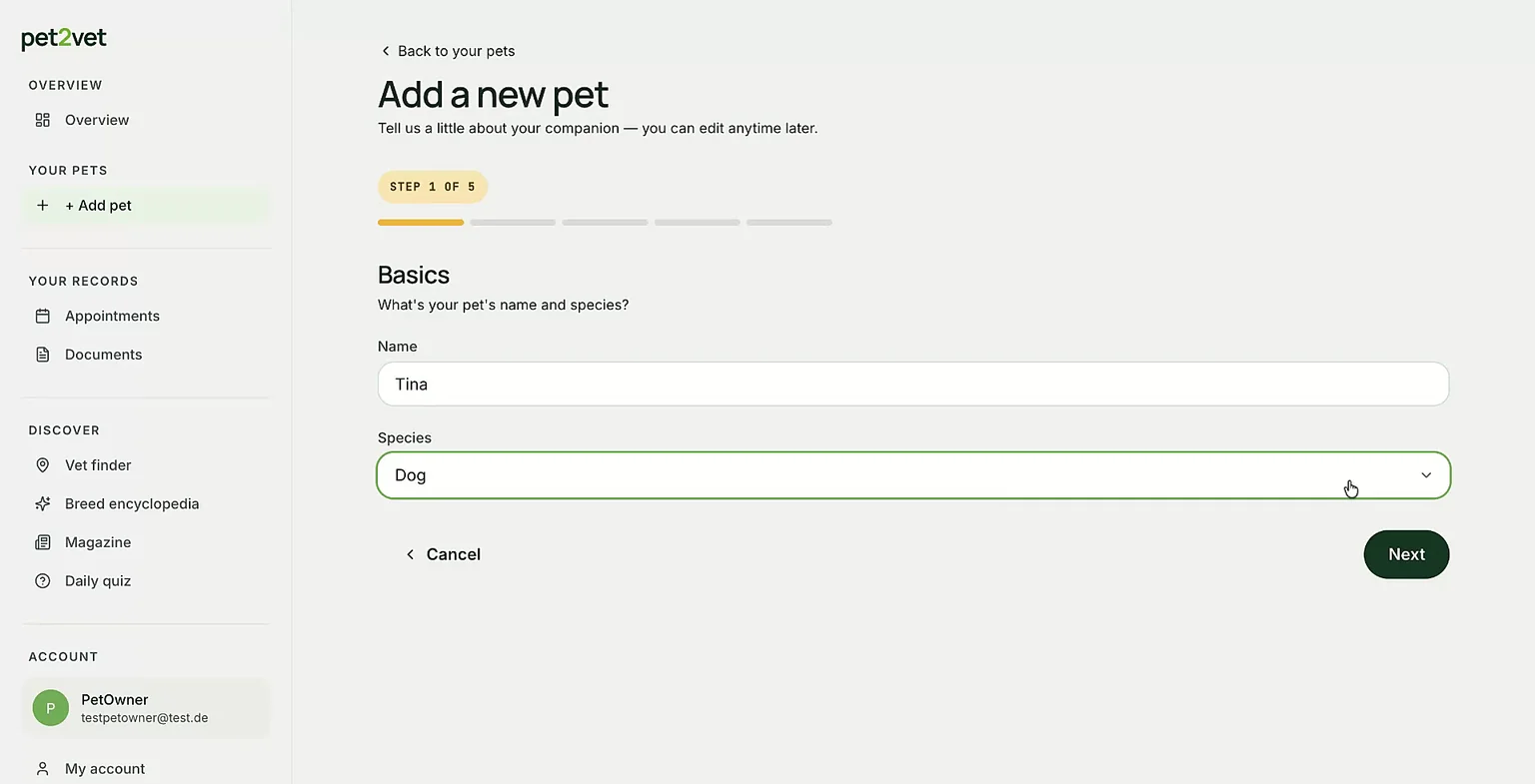 The list of pet types