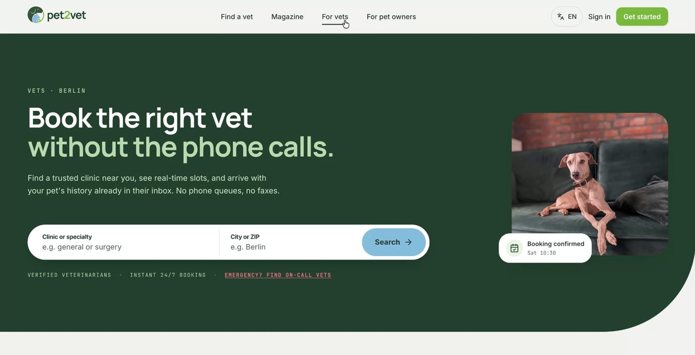The Pet2Vet For Vets page