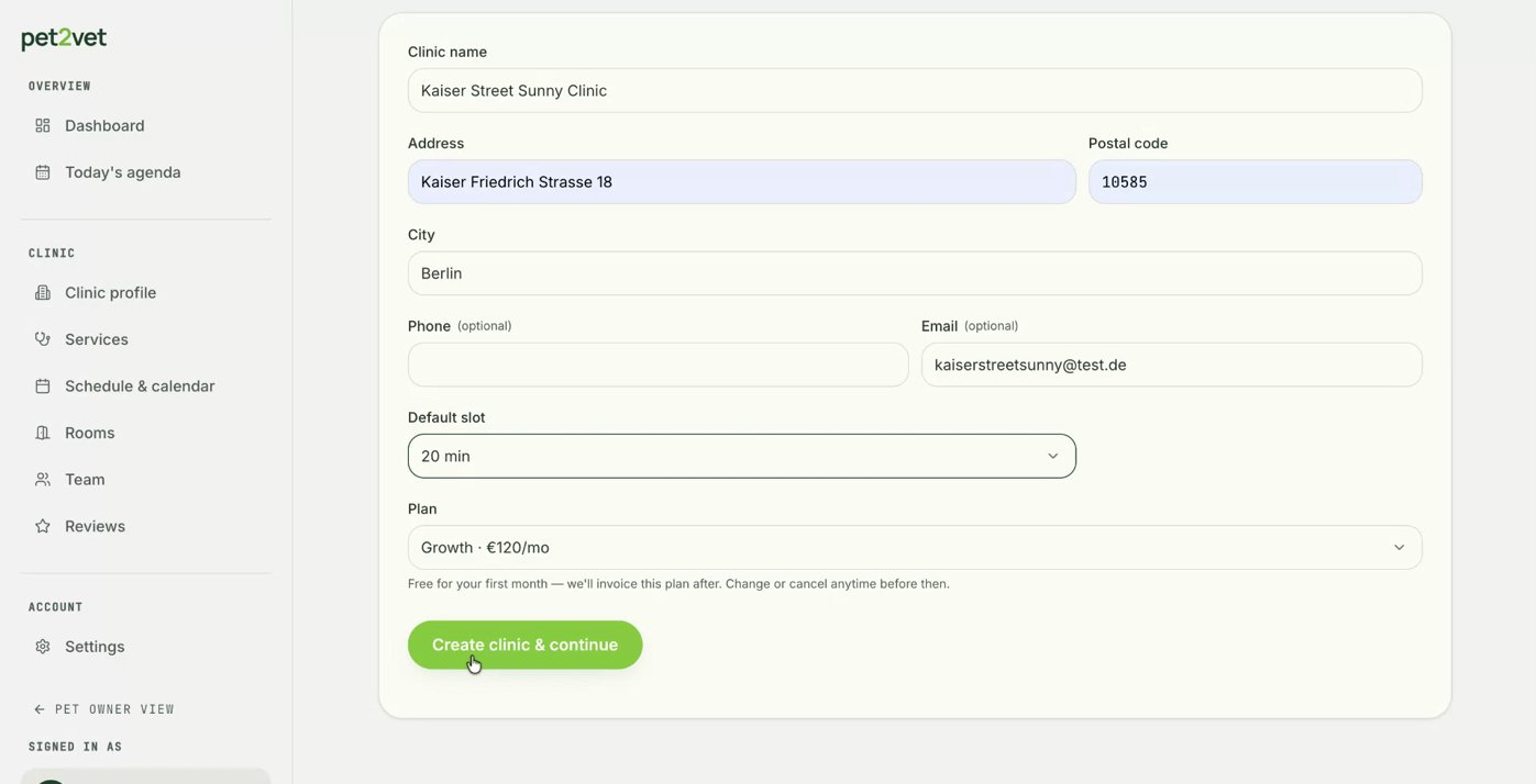 The Create Clinic and Continue button