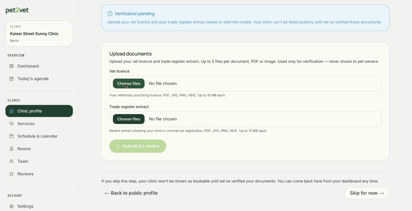 Uploading your veterinary license and trade register extract