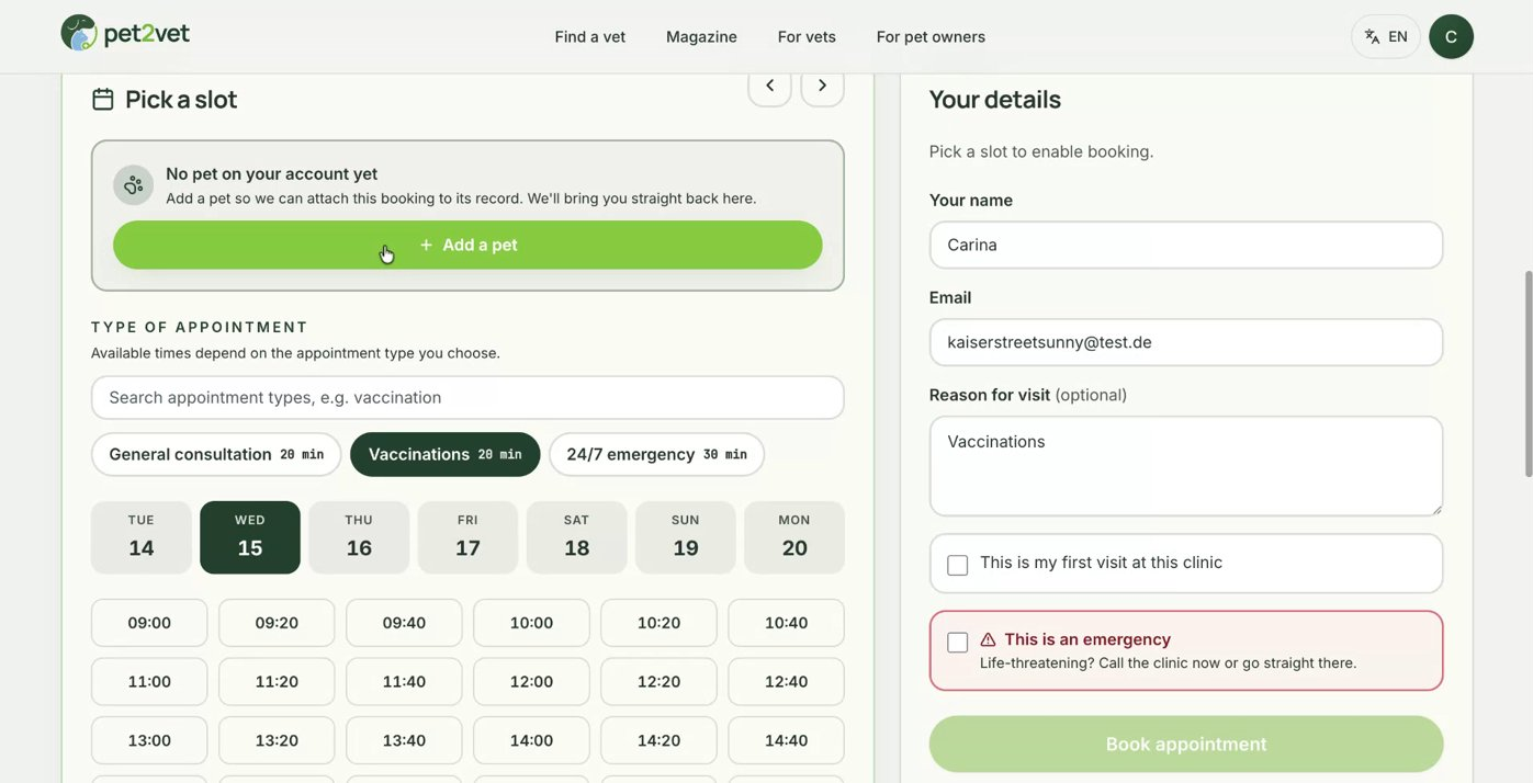 A pet owner adding a pet before booking