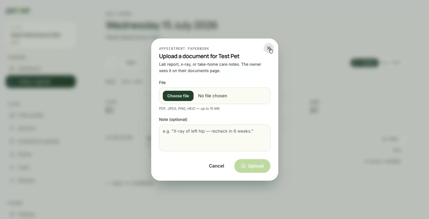 The document stored in the pet's folder in the owner's app