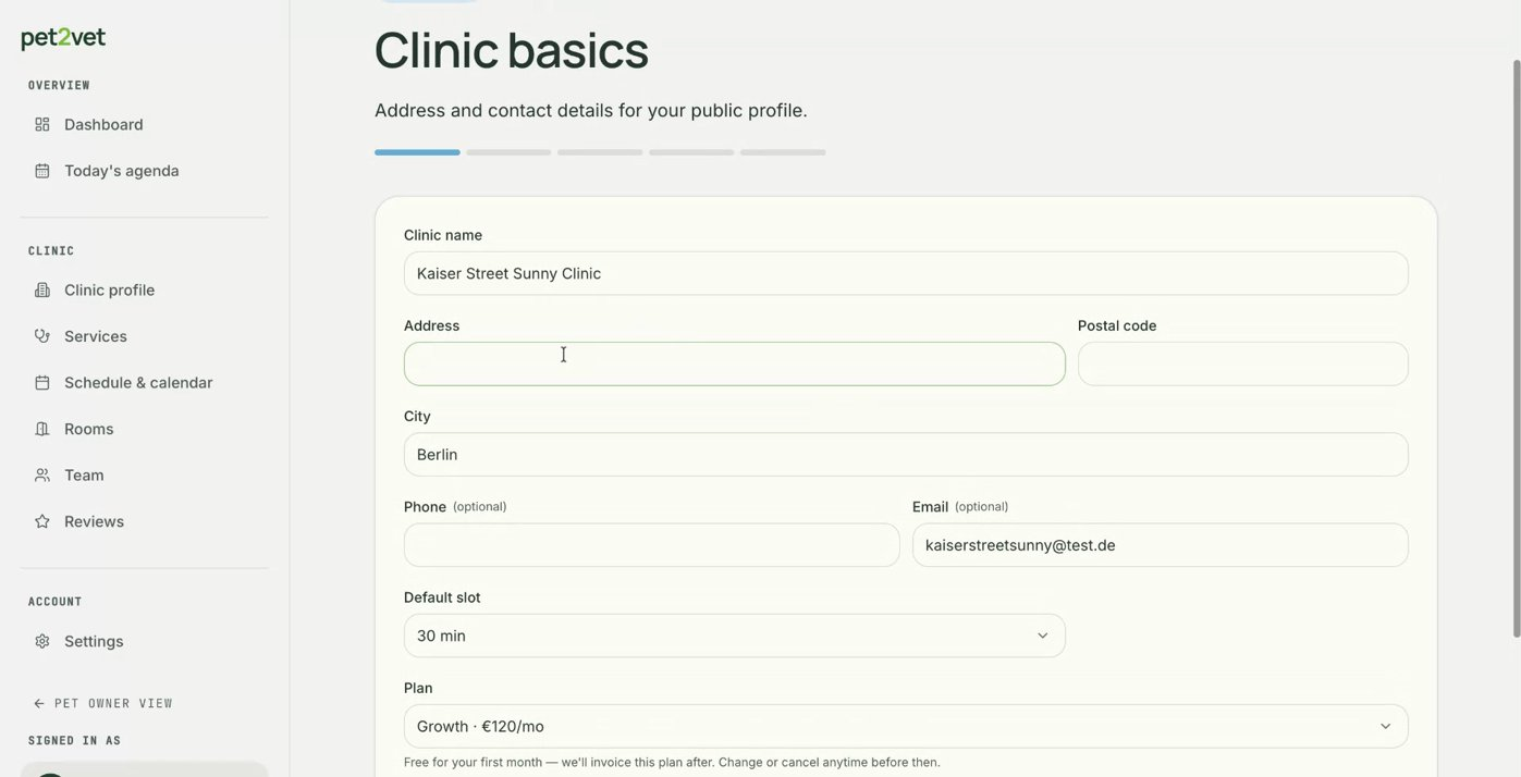 The clinic onboarding flow with clinic details